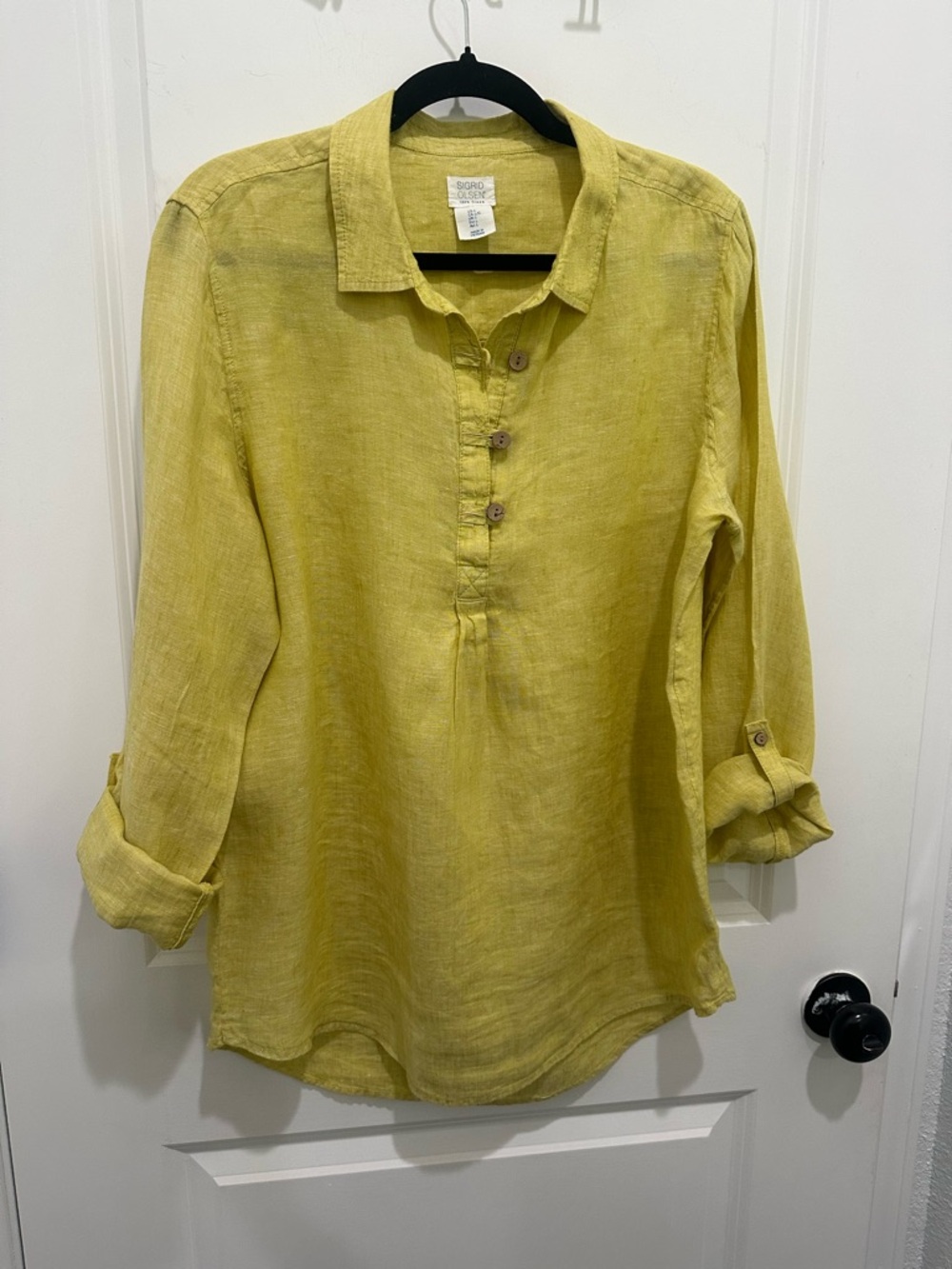 Sigrid Olsen Women's Yellow 100%Linen Button-Front Blouse